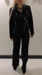 Women Laple Collar Hot Diamond Jacket+ Pants Sparkling Casual Set