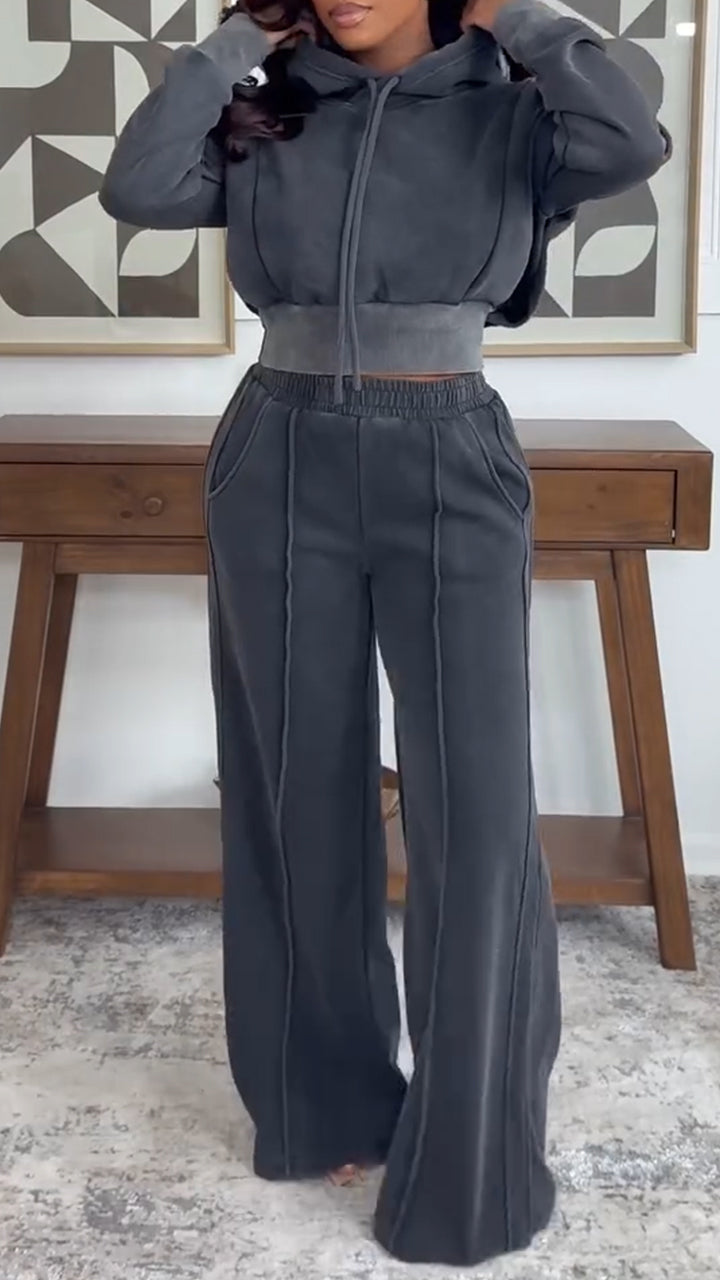 Womens Round Neck Hooded Top+ Pants Casual Suit