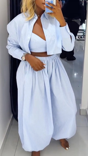 Women's Striped Lapel 3-piece Set