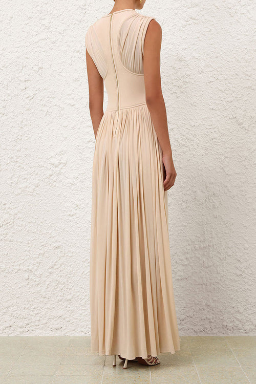 Elegant Women's Long Dress Pleated Waist Design