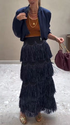 Women Round Neck Jacket + Patchwork Tassel Skirt