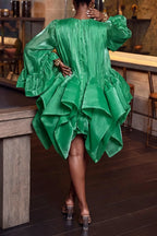 Women's Elegant Flounce Sleeve Multi Tiered Hem Layered Romantic Dress