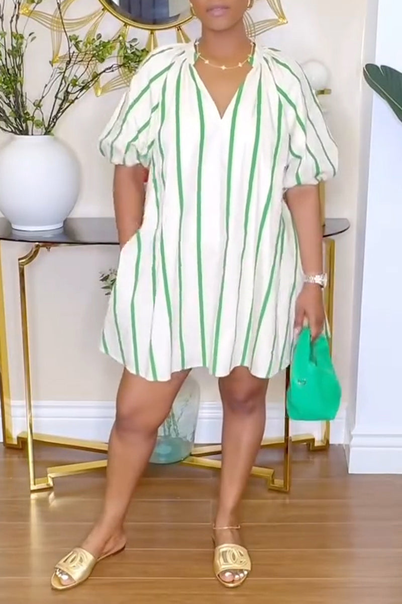 Women's Casual Puff Sleeve Stripe Loose Dress