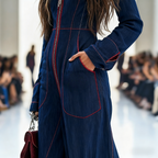 Women's Lapel Retro Zipper Pocket Long-Sleeved Wide-Leg Denim Jumpsuit