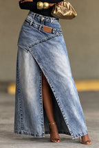 Women's Two-piece Slit Long Denim Skirt