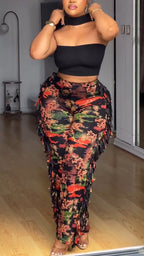 Women Strapless Top+ Patchwork Tassel Printed Pants Casual Set
