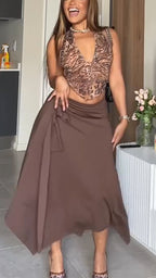 Women Neck Hanging Printed Top+ Half Skirt Vacation Casual Style Set