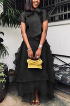 Women's Elegant Tiered Chiffon Dress with Neck Bow & Ruffled Layers