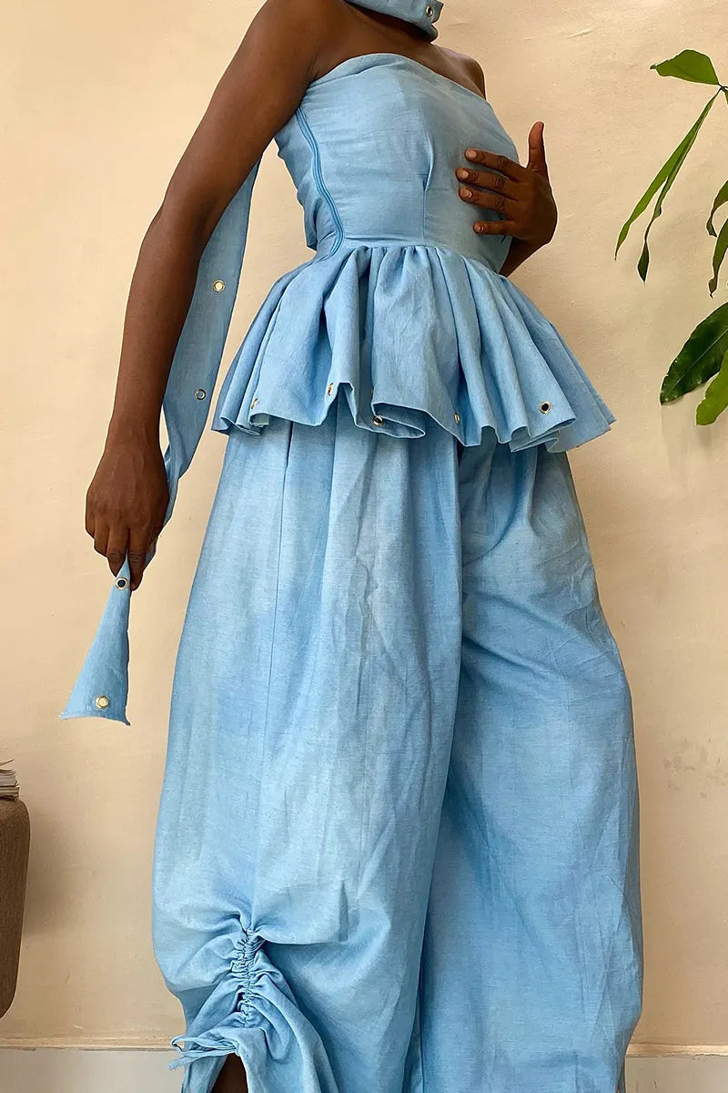 Women's Light Linen Blend Metal Eyelet Detail Neck Tie Ruffle Top Or Ruched Ankle Baggy Pant Matching