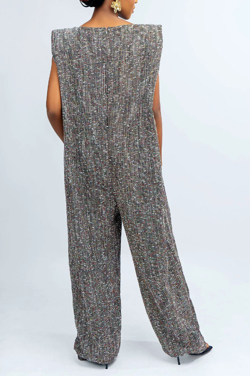 Women's Elegant Classic Tweed Sleeveless Square Neck High Waist Jumpsuit