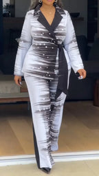 Women Collar Dyed Striped Jacket + Pants Temperament Commuting Suit