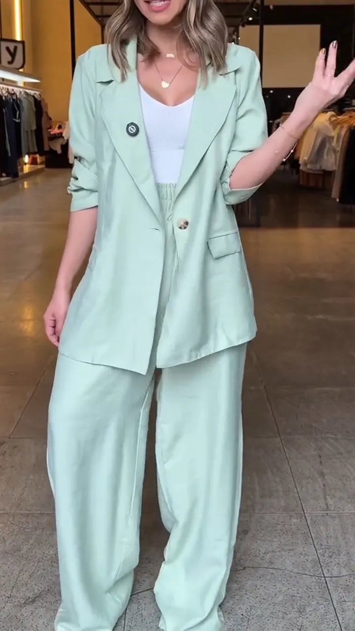 Women Lapel Jacket + Pants Solid Color Temperament Commuter Set