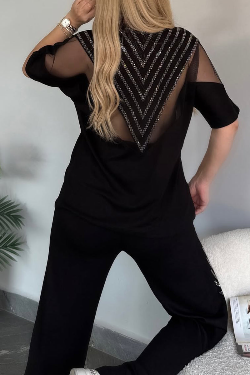 Women Round Neck Rhinestone Splicing Perspective Top+ Pants Casual Suit
