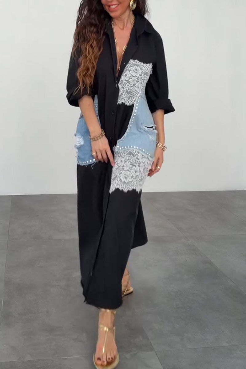 Women Collar Patchwork Denim Lace Elegant Casual Maxi Dresses