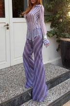 Women Collar Vertical Striped Shirt+ Pants Casual Suit