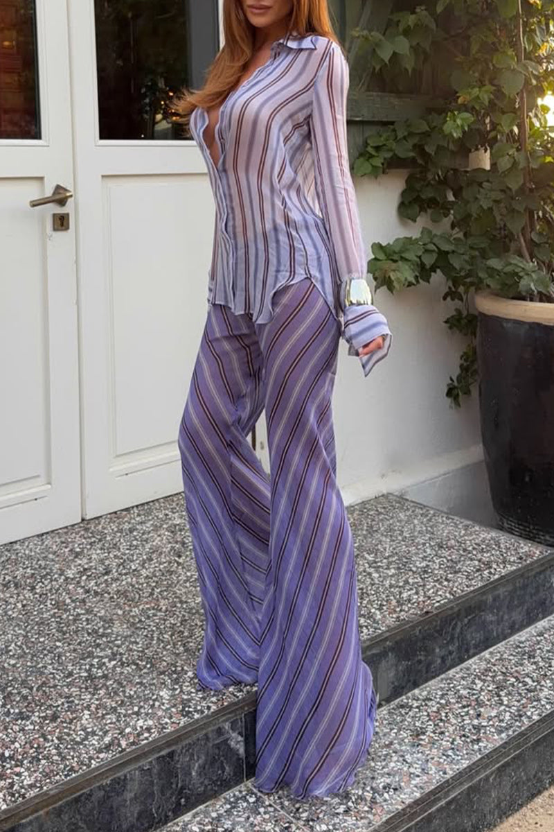 Women Collar Vertical Striped Shirt+ Pants Casual Suit