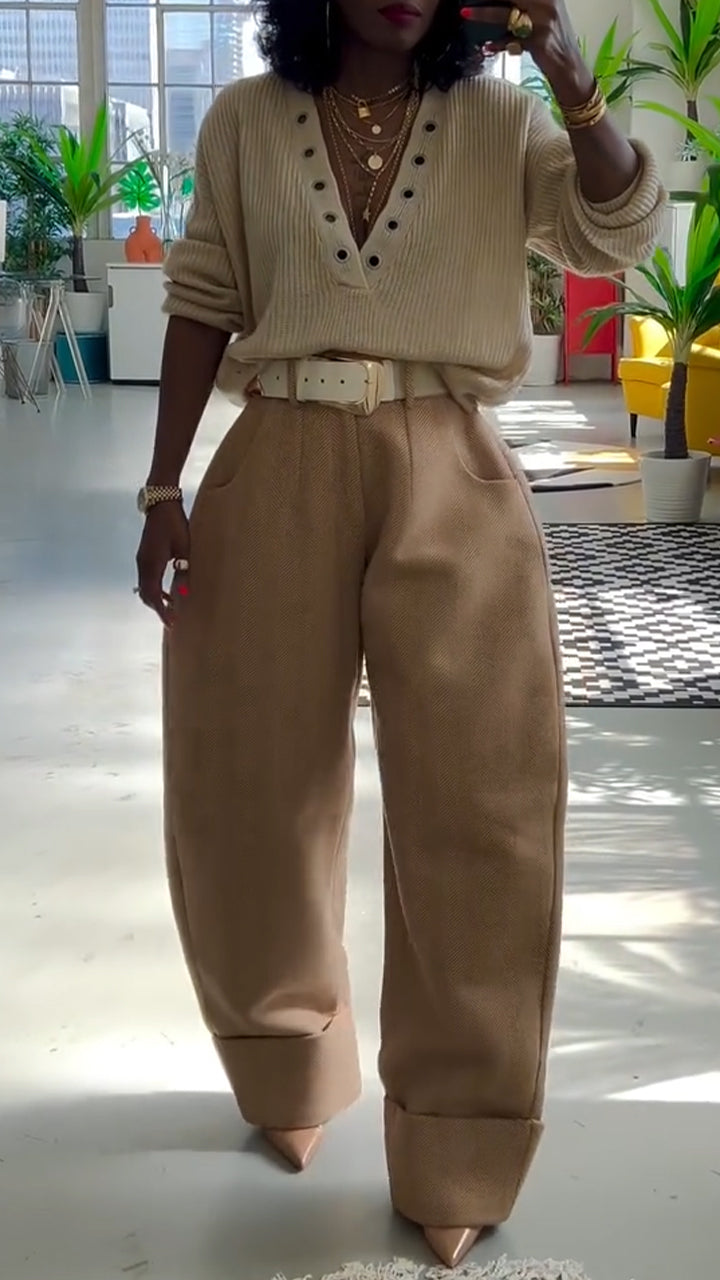 Womens Deep V-neck Knitted Top and Pants Casual Suit