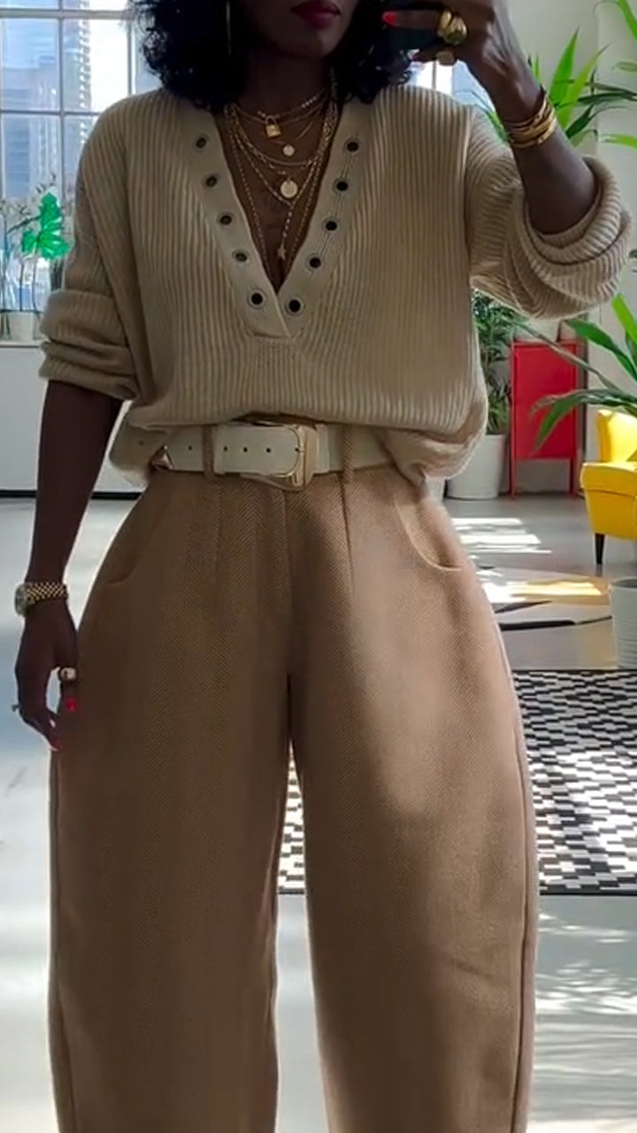 Womens Deep V-neck Knitted Top and Pants Casual Suit
