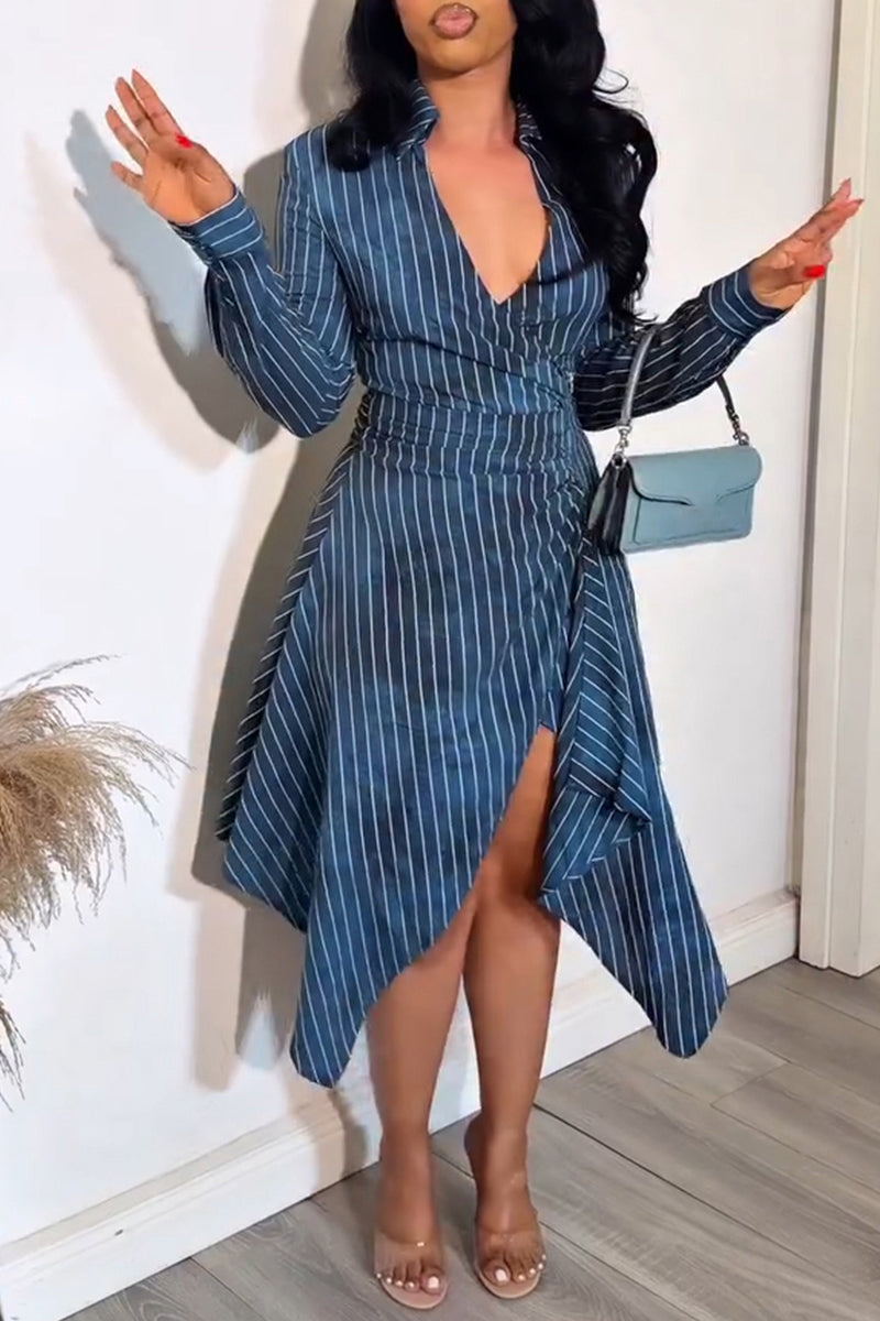 Women's Fashion Asymmetric Hem Stripe Print Dress