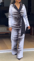 Women Collar Dyed Striped Jacket + Pants Temperament Commuting Suit