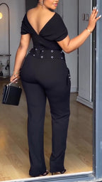 Womens Spliced Hollow Top+ Pants Casual Set with Temperament