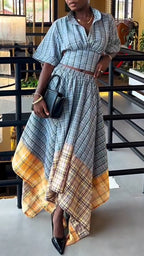 Women Collar and Waist Cinched Top + Irregular Contrasting Half Skirt Elegant Casual Suit