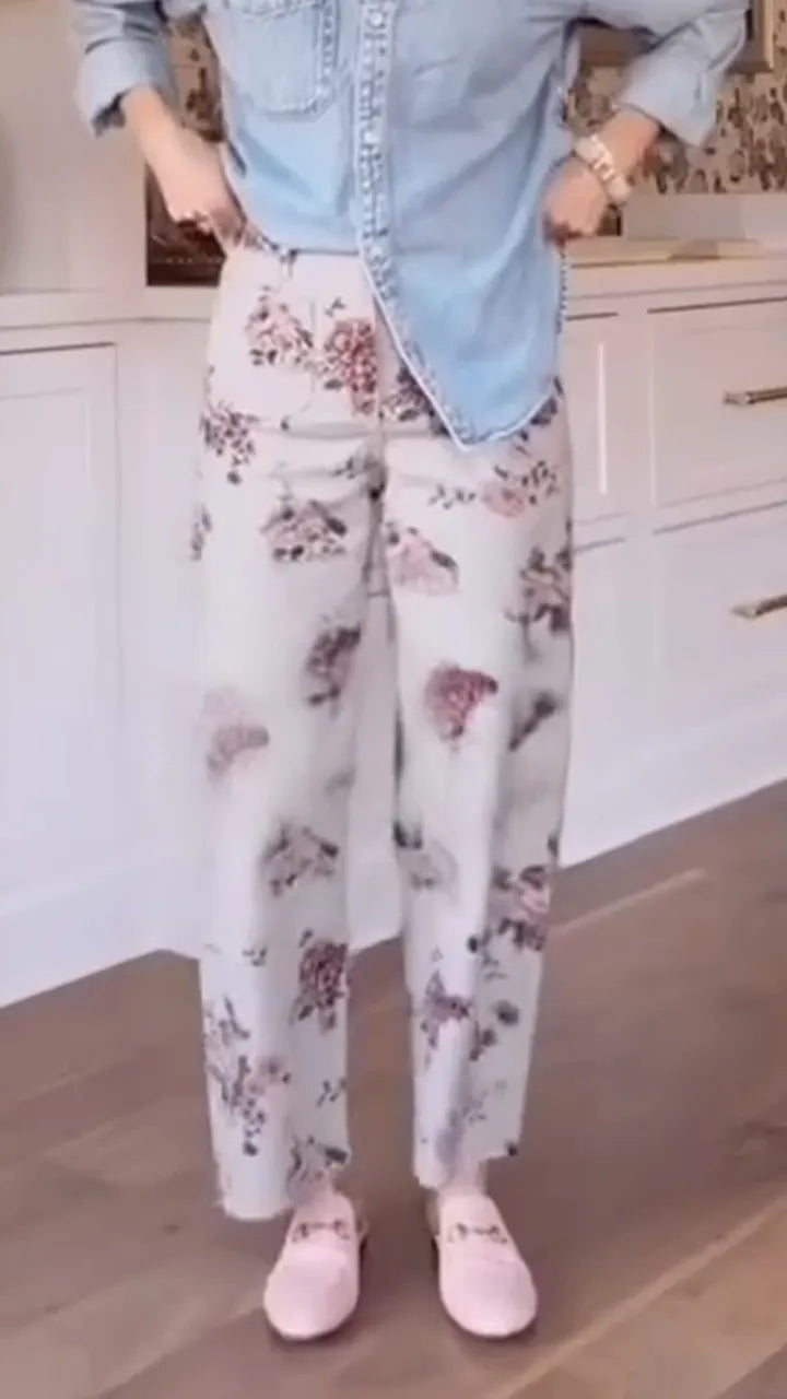 Women Collar Denim Top+ Printed Pants Casual Suit