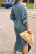 Women Collar Embroidery Washed Water Casual Loose Denim Maxi Dresses