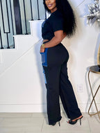 Women's Casual Black Crop Top or  Pants Set with Denim Rhinestone Patches