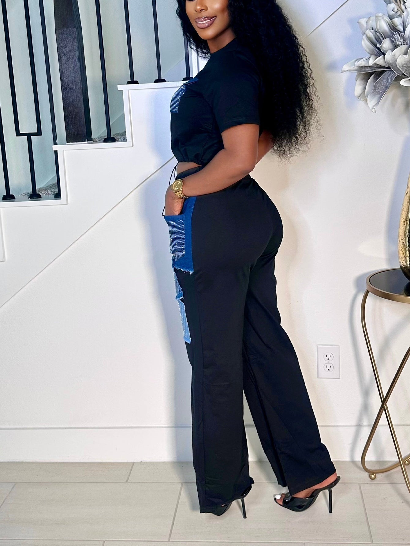 Women's Casual Black Crop Top or  Pants Set with Denim Rhinestone Patches