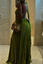 Women's Satin Pleated Halter Evening Gown in Vibrant Green