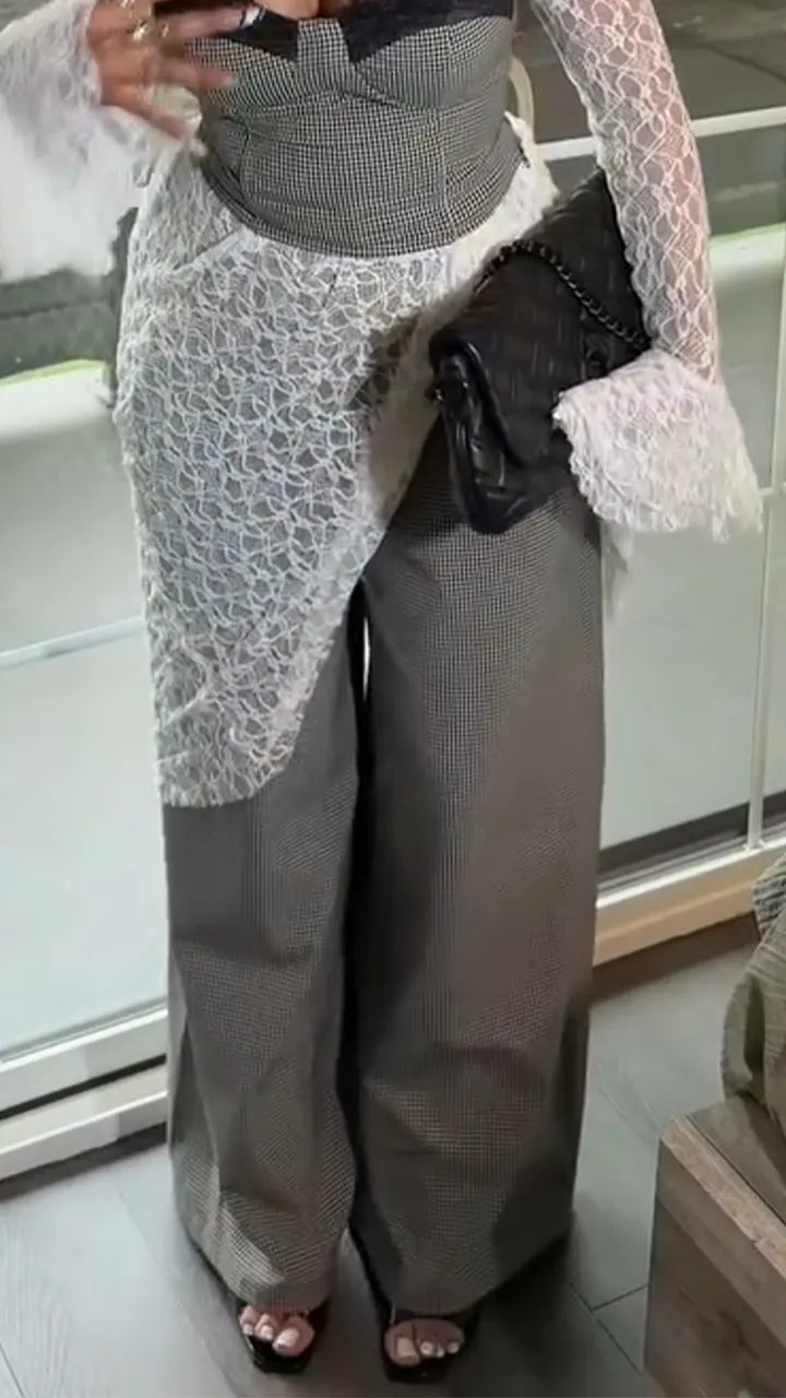 Women Sexy Casual Strapless Patchwork Lace Pattern Irregular Top + Wide Leg Pants