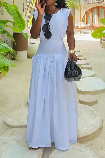 Women Round Neck Patchwork Waist Cinching Elegant Temperament Maxi Dresses