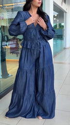 Women V-neck Fitted Top + Wide-leg Pants Solid Color Casual Set