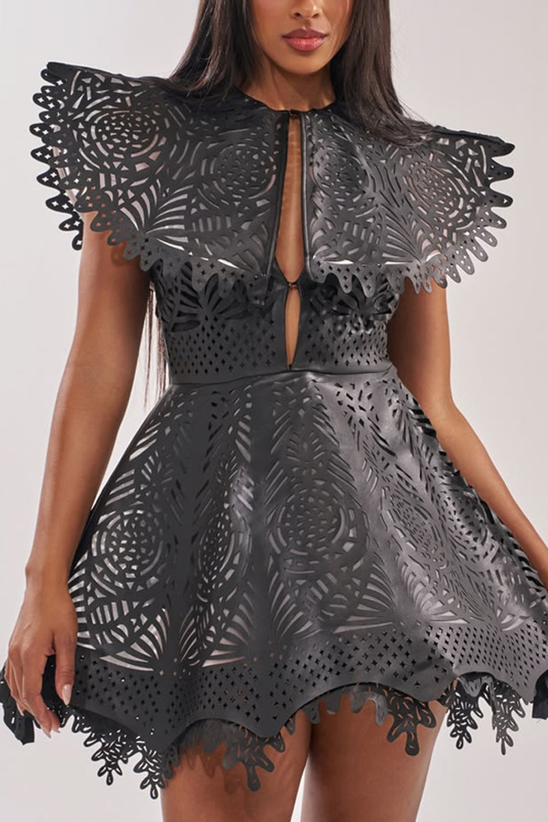 Women's Faux Leather Cutout Party Dress with Scalloped Hem
