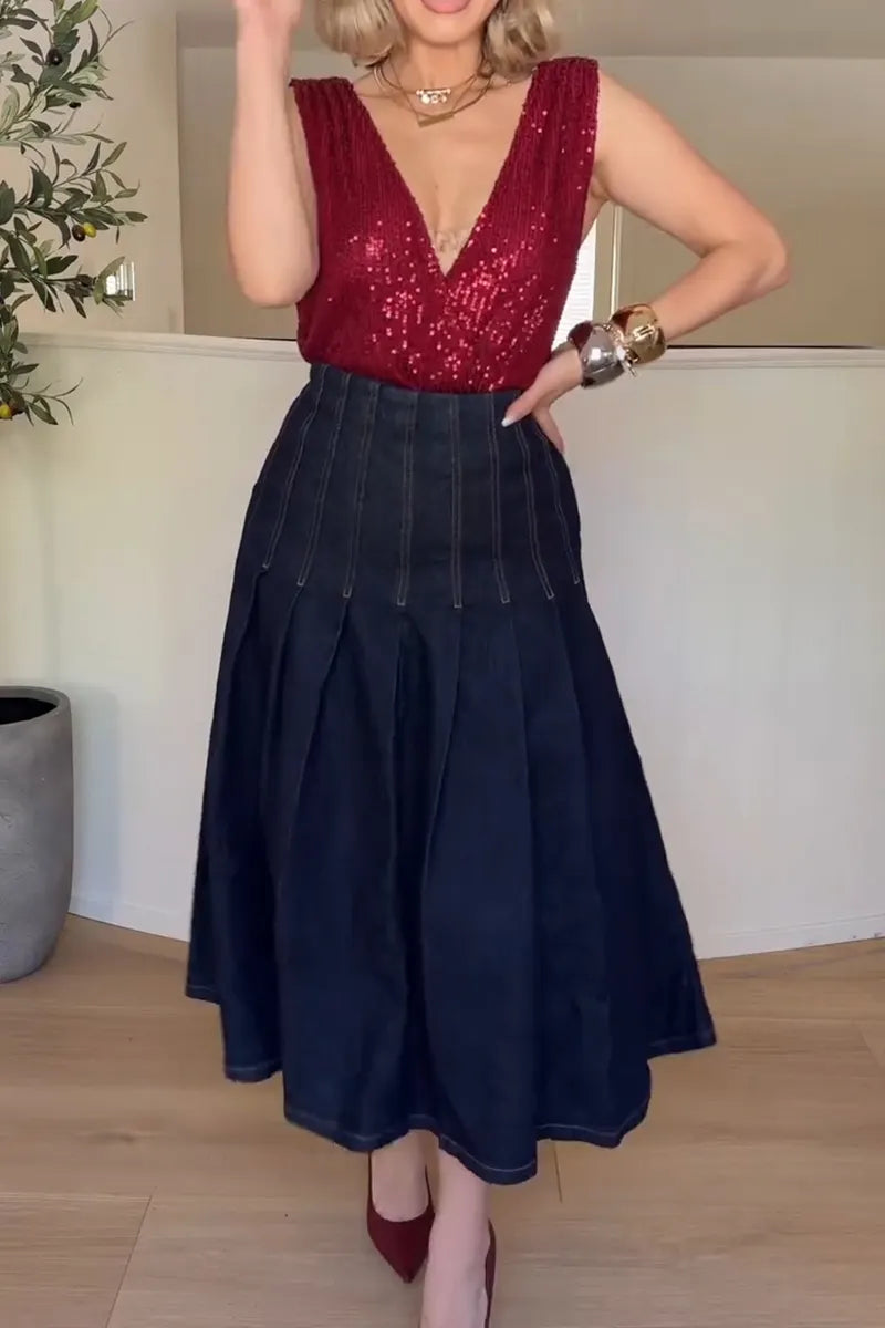Women's Elegant Sequin Cami or Pleated Denim Skirt
