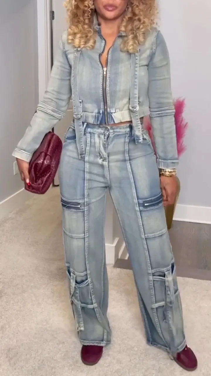 Womens Collar Wash Jacket + Pants Casual Denim Suit