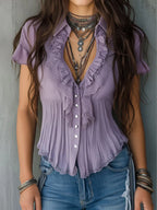 Vintage Boho Lavender Pleated Ruffled Lace Blouse
