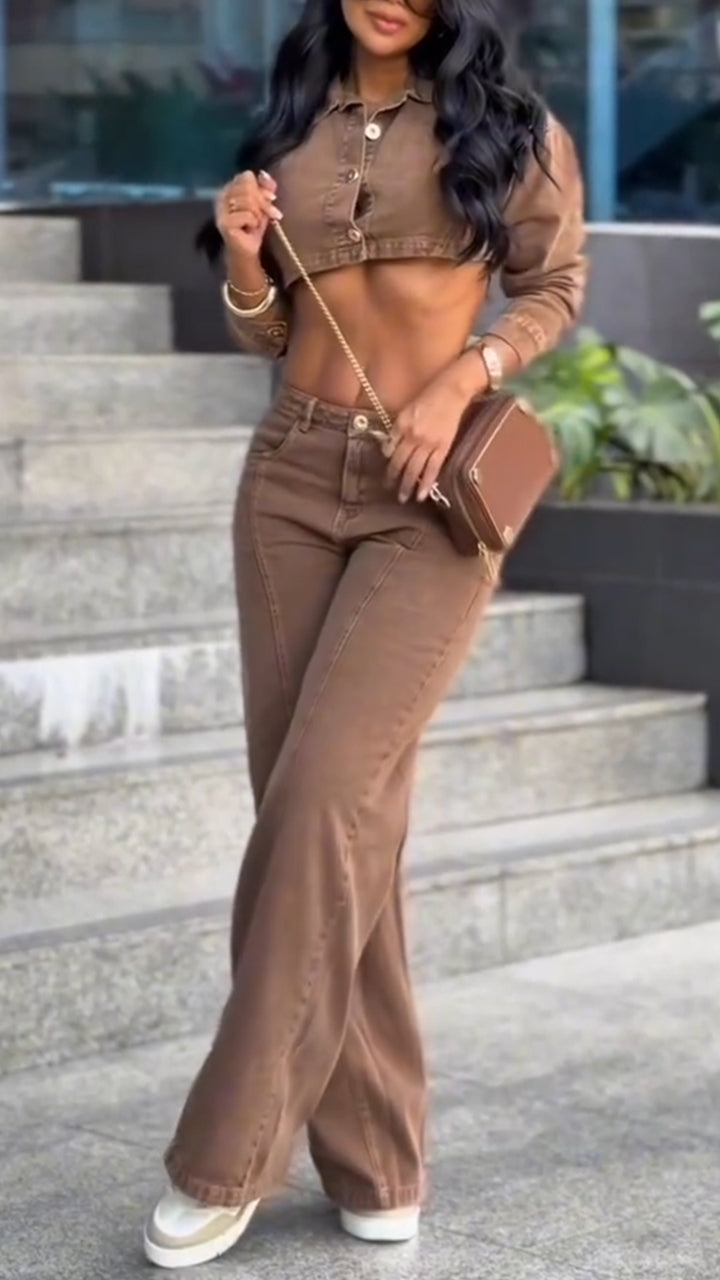 Womens Laple Collar Short Top+ Pants Sexy Temperament Casual Denim Suit