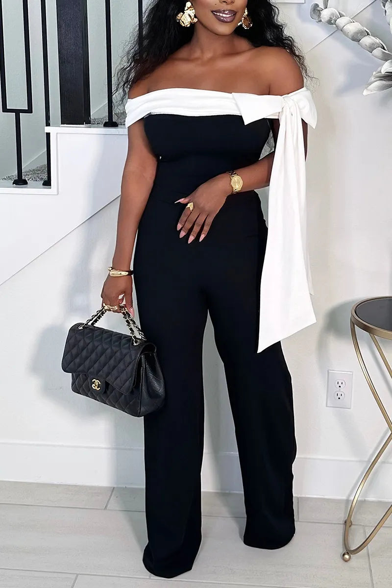 Women's Casual  Off Shoulder Jumpsuit with Contrast White Bow Trim and Straight Leg Pants