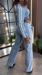 Women Round Neck Nail Drill Jacket+ Pants Casual Denim Suit