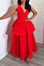 Women's Elegant V Neck Tiered Flounce-Hem Dress