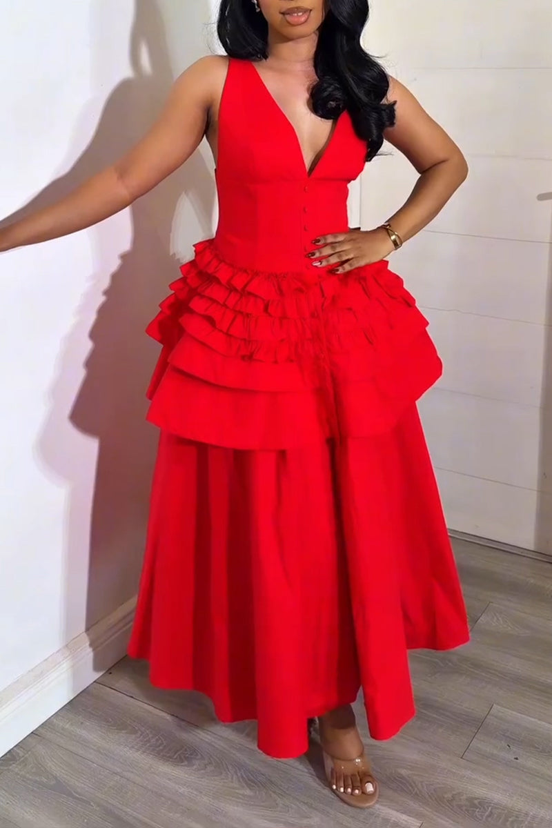 Women's Elegant V Neck Tiered Flounce-Hem Dress