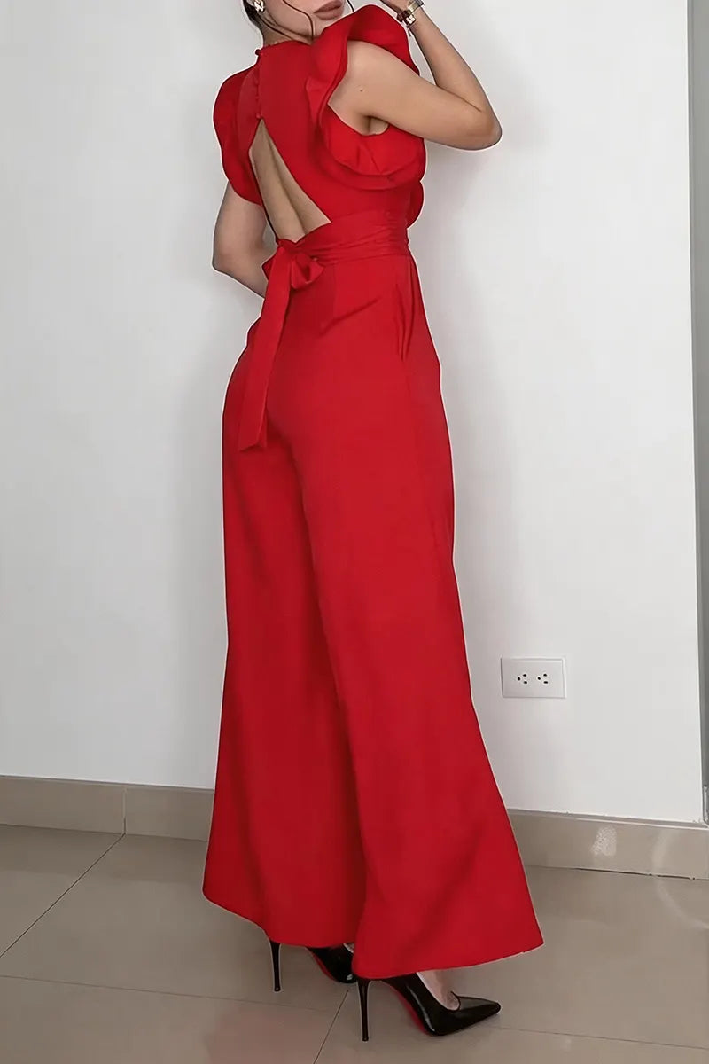 Women's Bestseller Elegant Flounce Sleeve V Neck Wide Leg Jumpsuit