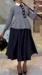 Women Collar Print Patchwork Fake Two Elegant Temperament Dresses