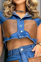 Women's Sleeveless Denim Vest or Shorts  with Brown Leather Pocket Detail