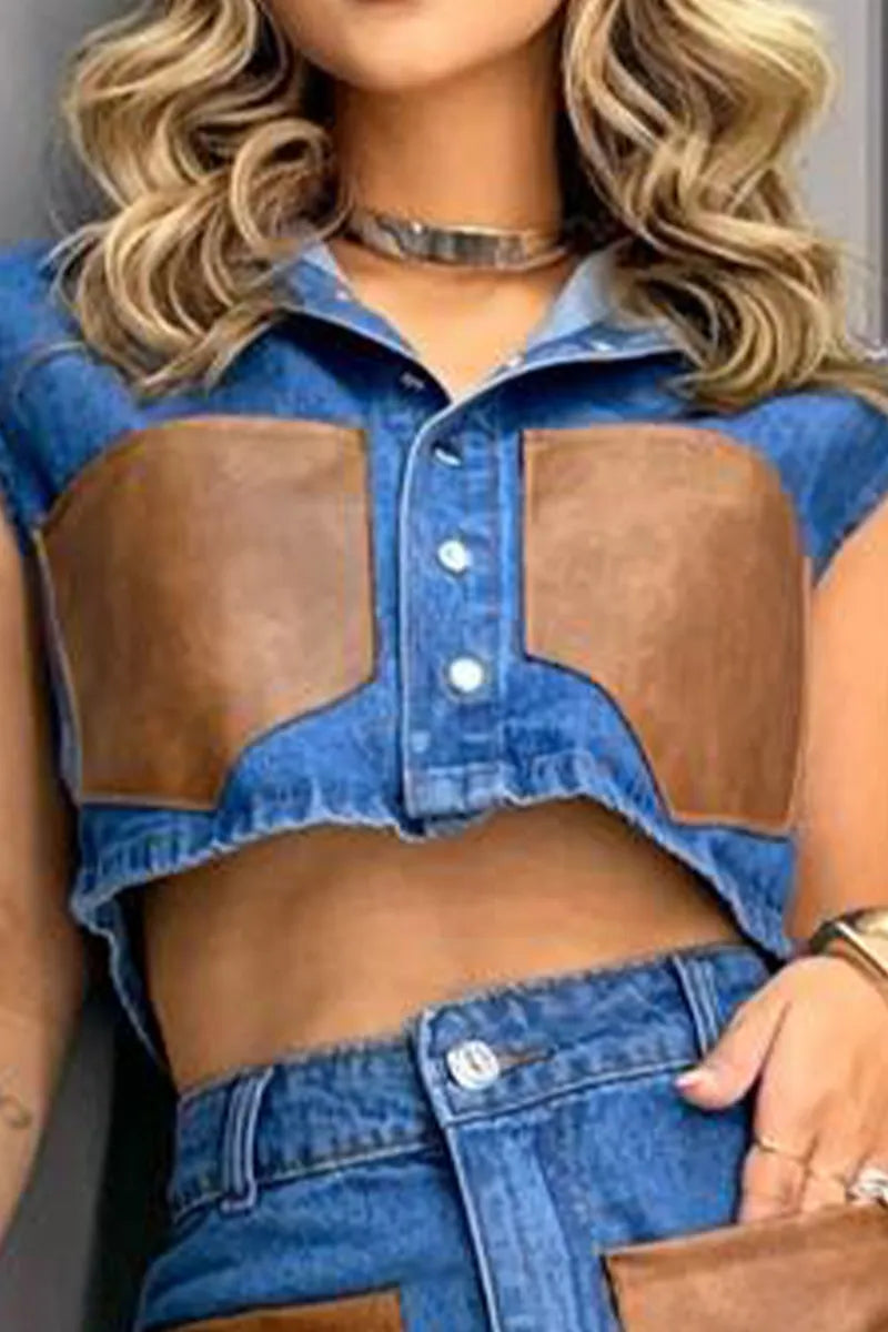 Women's Sleeveless Denim Vest or Shorts  with Brown Leather Pocket Detail