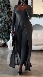 Women U-neck Long Top + Slim-fit Trousers Casual Suit