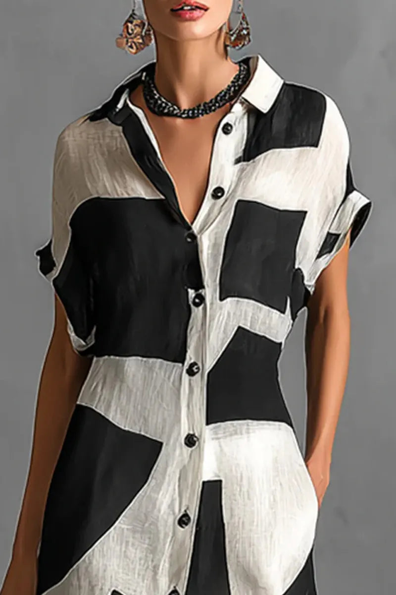 Women's Casual Black White Abstract Geometric Print Cap Sleeve Button Front Maxi Shirt Dress