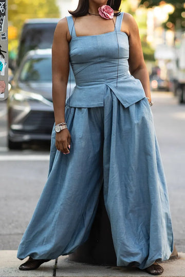 Ladies' Fashionable Casual Denim Vest Top And Denim Wide Leg Pants